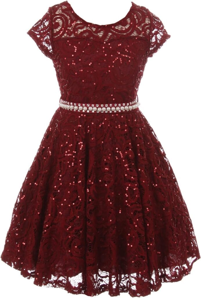 red floral lace glitter cap sleeve christmas dress