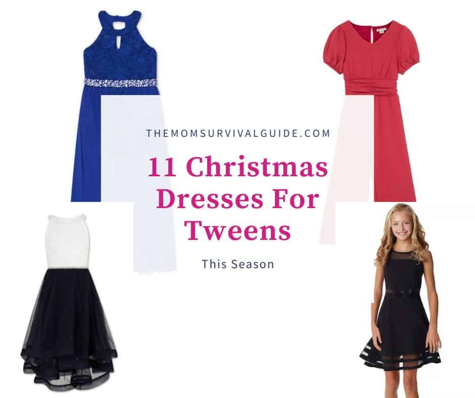 4 christmas dresses for tweens, one black, one blue, one red, and one black and white