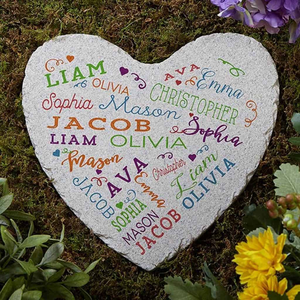 grey garden stone with colorful names 