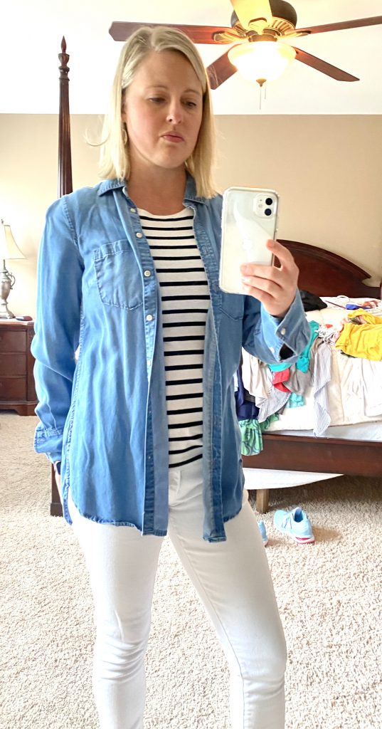 stay at home mom outfit black and white striped top with blue chambray button up and white jeans