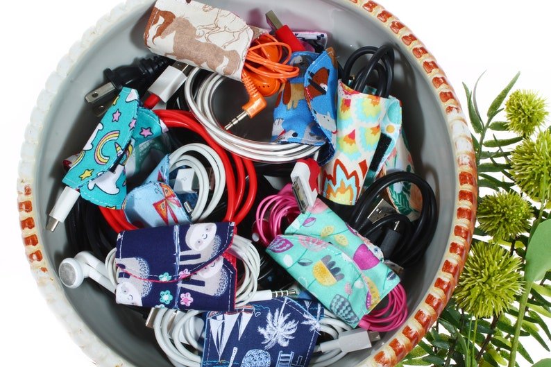 colorful fabric cord ties in bowl
