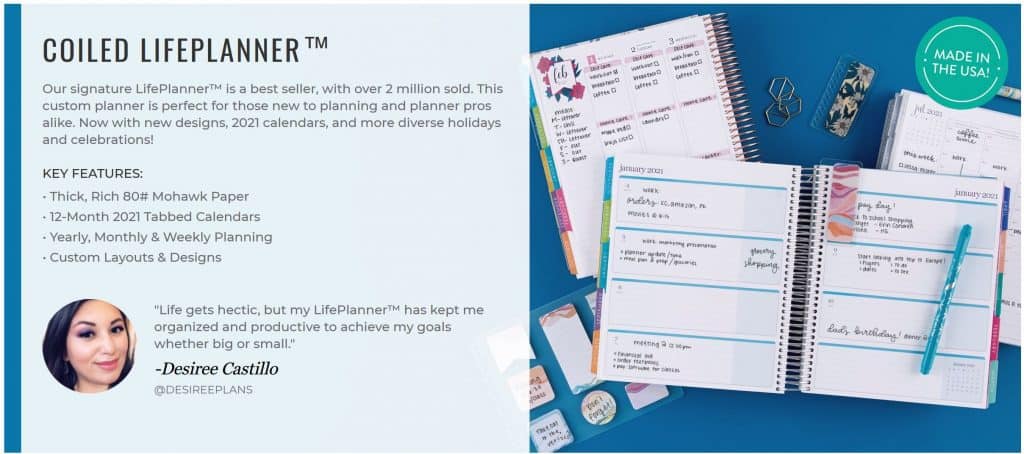 Erin Condren Life Planner Specs and Testimonial with Picture of planner