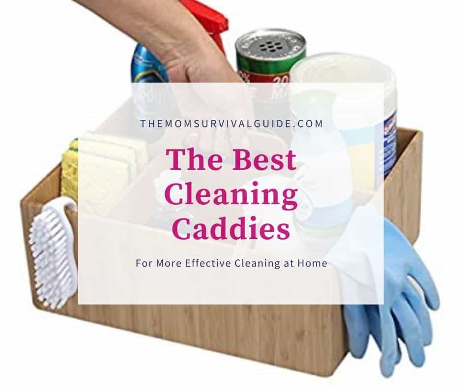 picture of a bamboo cleaning caddy with cleaning products and a hand holding it. with the title best cleaning caddies for more effective cleaning at home