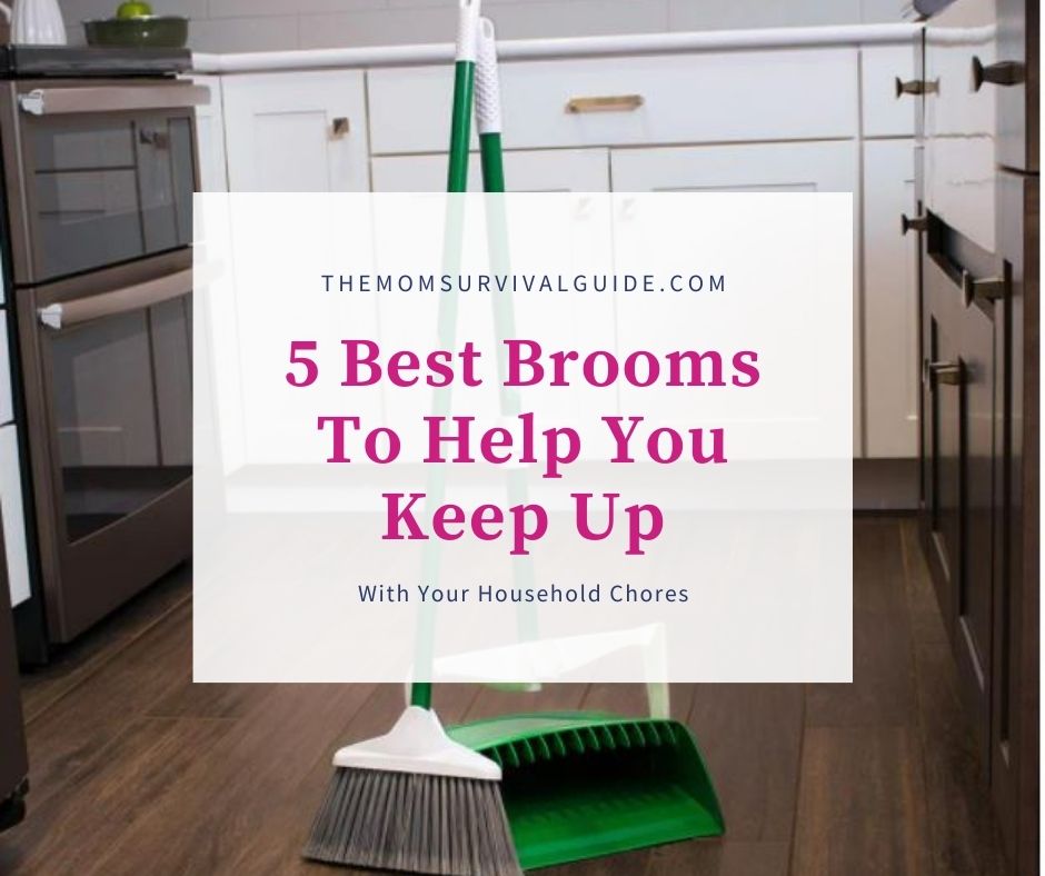5 best brooms feature image with lobby broom and green dustpan in a kitchen