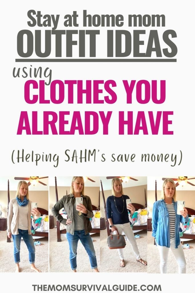 four pictures of a stay at home mom with different outfits on