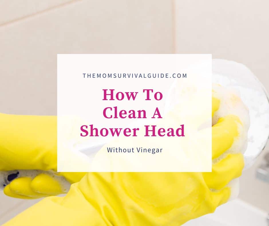 how to clean shower head without vinegar feature image woman cleaning shower head wearing rubber gloves