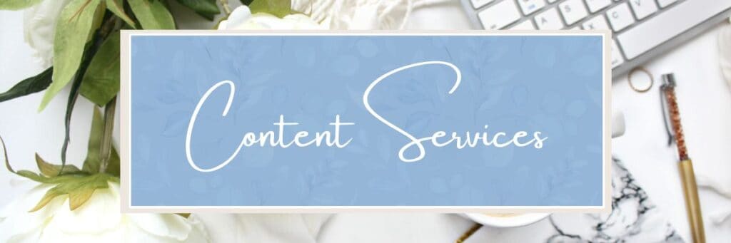 white flowered background with a blue square that says content services