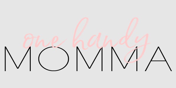 Grey square with a pink word that says one handy and a black word that says momma.
