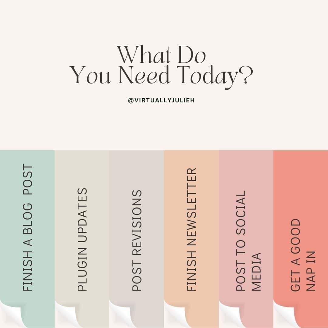 Colorful tabs with the words finish a blog post, plugin updates, post revisions and more under a title that says what do you need today.