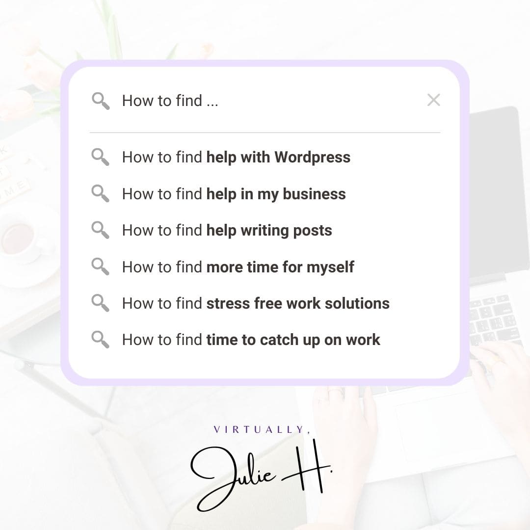 A search bar dropdown with phrases like how to find help with WordPress, how to find help in my business, how to find help writing posts, and more.
