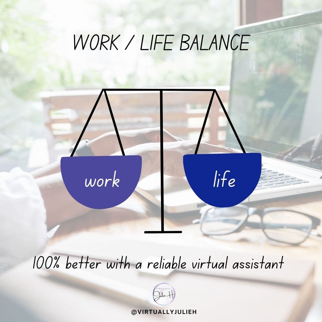 The words work and life on a balanced scale that is blue.